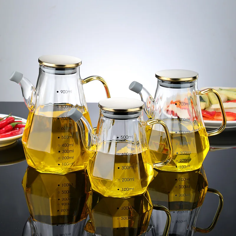 500/700/900ML Kitchen Glass Oil Pot Household Diamond Shape Dual-purpose Condiment Bottle Liquid Soy Sauce Bottle Oil Pot