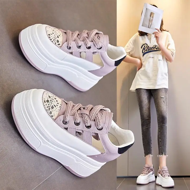 Summer Woman Platform Sneakers Wedge Shoes 2024 Female 8cm Height Increasing Crochet Hollow Breathable Casual Shoes Canvas Shoes