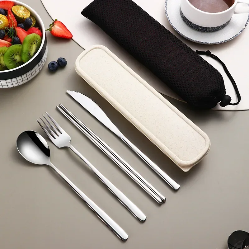 4pcs Set Portable Cutlery Set Tableware Set Camping Dinnerware Set Stainless Steel Knife Fork Spoon Kit Travel Flatware With Box