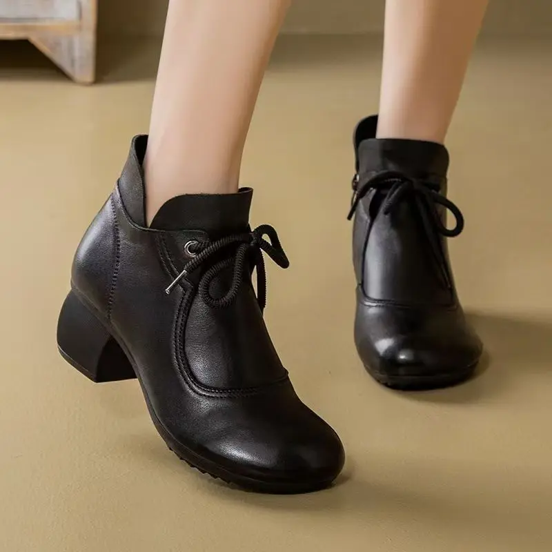 Women's Autumn Winter New Leather Lace Up Ankle Boots Soft Sole Non Slip Round Toe Block Heel Plush Keep Warm Cotton Boots - view 3