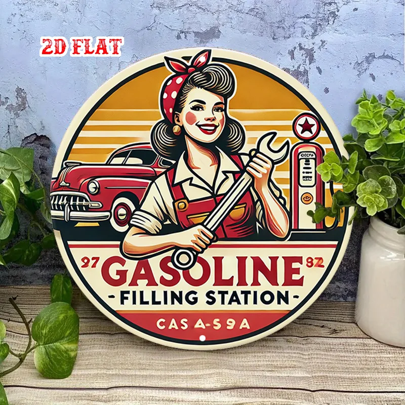 2D Flat, 1pc Vintage 1950s Station Mechanic Woman & Classic Car Round Metal Sign Design for Garage, for Man Cave, Auto Shop
