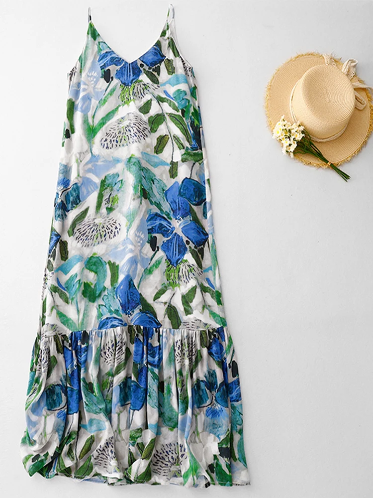 Beach Vaion V-Ne Estampado floral ter Dr Novedad de verano para mujer Estampado de acuarela Dobladillo de encaje Mezcla de algodón de longitud media Dr