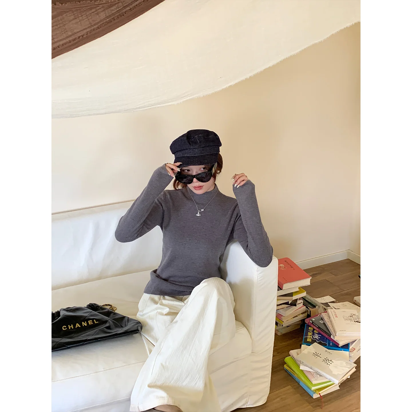 محبوك سترة المرأة البلوفرات الجديدة طويلة الأكمام وهمية الرقبة الأسود متماسكة سترة البلوز المرأة بلايز البلوزات Sueters De Mujer Q973