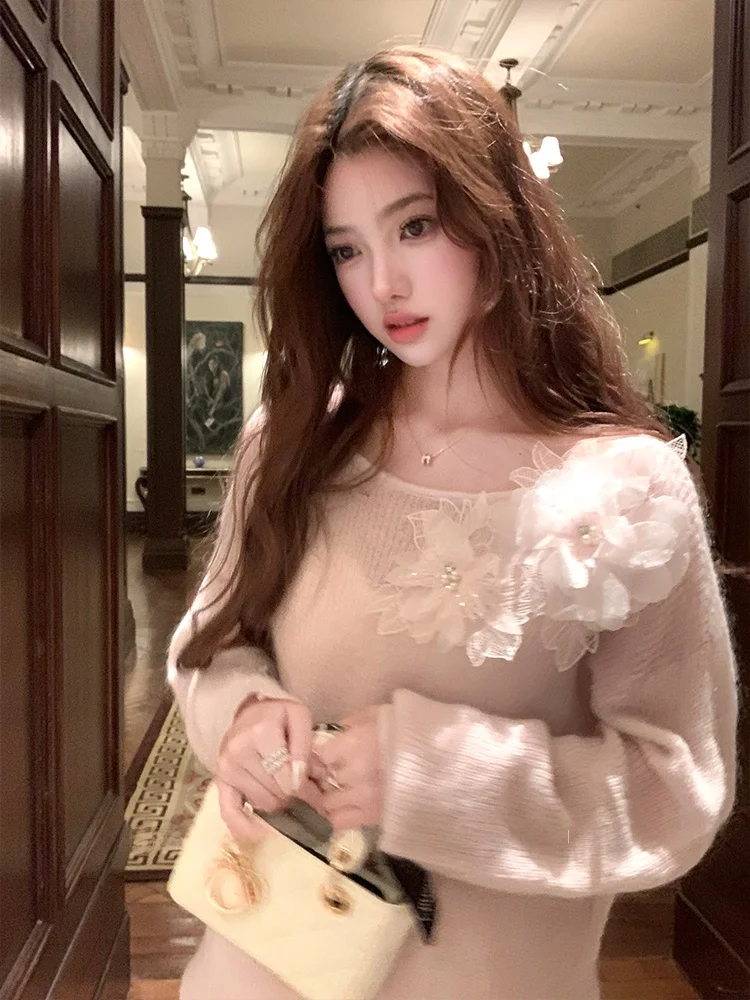 

Вязаный свитер Acaine Emed, женский многослойный топ с 3D цветочным узором, милый свободный крой, длинный...