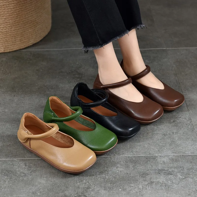 Johnature 2024 New Retro Genuine Leather Square Toe Shallow Flat Shoes Solid Color Versatile Soft Sole Women's Shoes