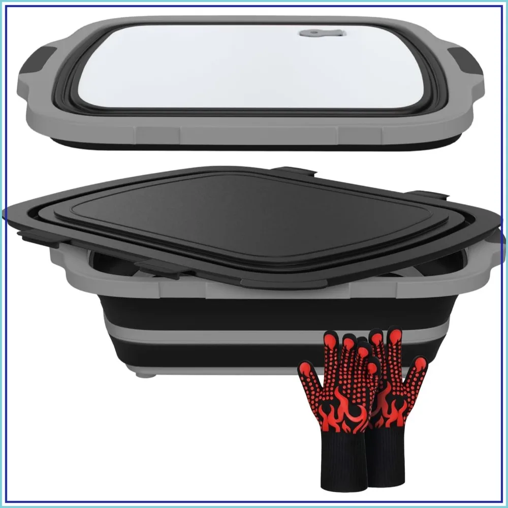 

Collapsible BBQ Prep Tub with Cutting Board & Drain Plug - Portable Food Prep Station for Kitchen, Camping & Grill - Dishwasher Safe, Space-Saving Design (Black)