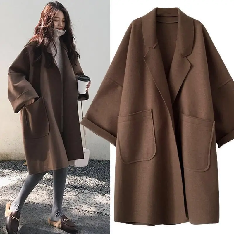 

Elegant Woolen Trench Coat Winter for Women Vintage Windbreakers Jacket Mid-Length Loose Turn-Down Collar Plus Size 4XL Cardigan