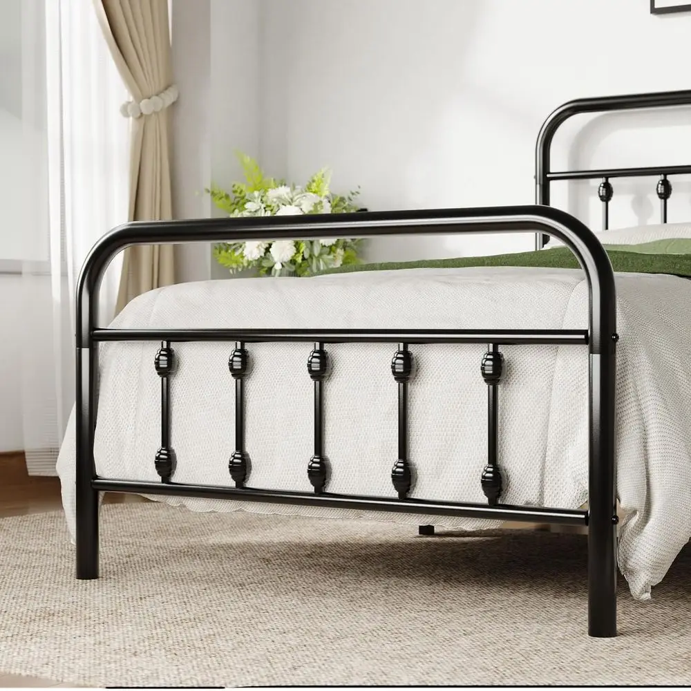 Victorian Twin Metal Bed Frame with 14 Headboard, Footboard, Mattress Support, Easy Assembly, Storage Space, Black