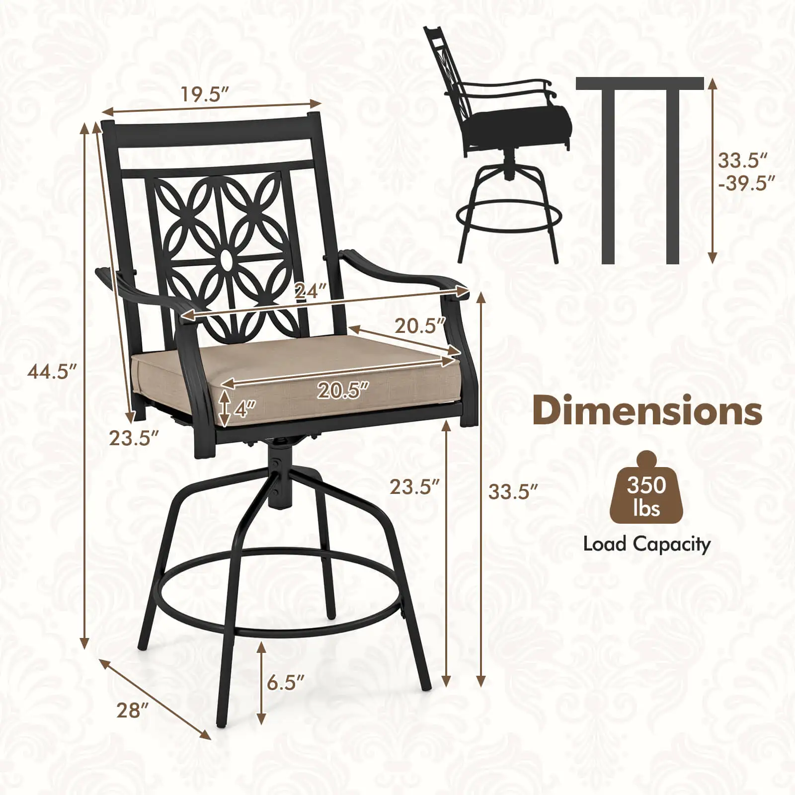 Taburetes de Bar giratorios de 360 ° para exteriores, Juego de 2 w, cojines de asiento, respaldo alto y reposabrazos