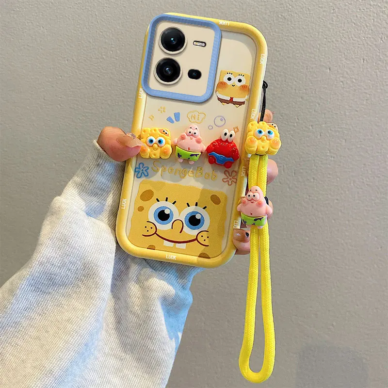 For Motorola Moto G34 G35 G45 G53 G54 G55 G64 G84 G85 So Cute 3D Cartoon SpongeBob Patrick Star Toy Phone Case Hand Strap Cover