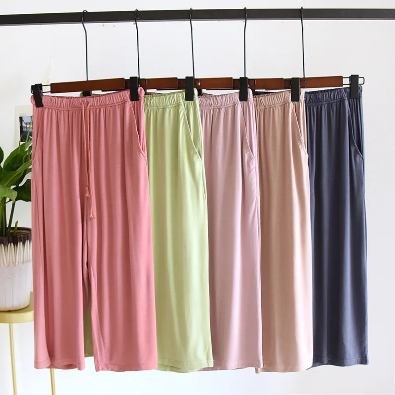 Women's Summer Solid Color Simple Modal Capris Pocket Drawstring Home Pants Elastic Waist Calf-Length Pants Lounge Wear