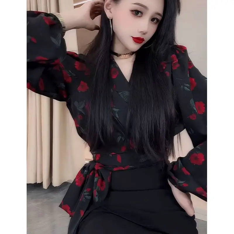 French Retro Rose Floral Long Sleeve Blouse Women Spring New Elegant Tie Waist Versatile Top