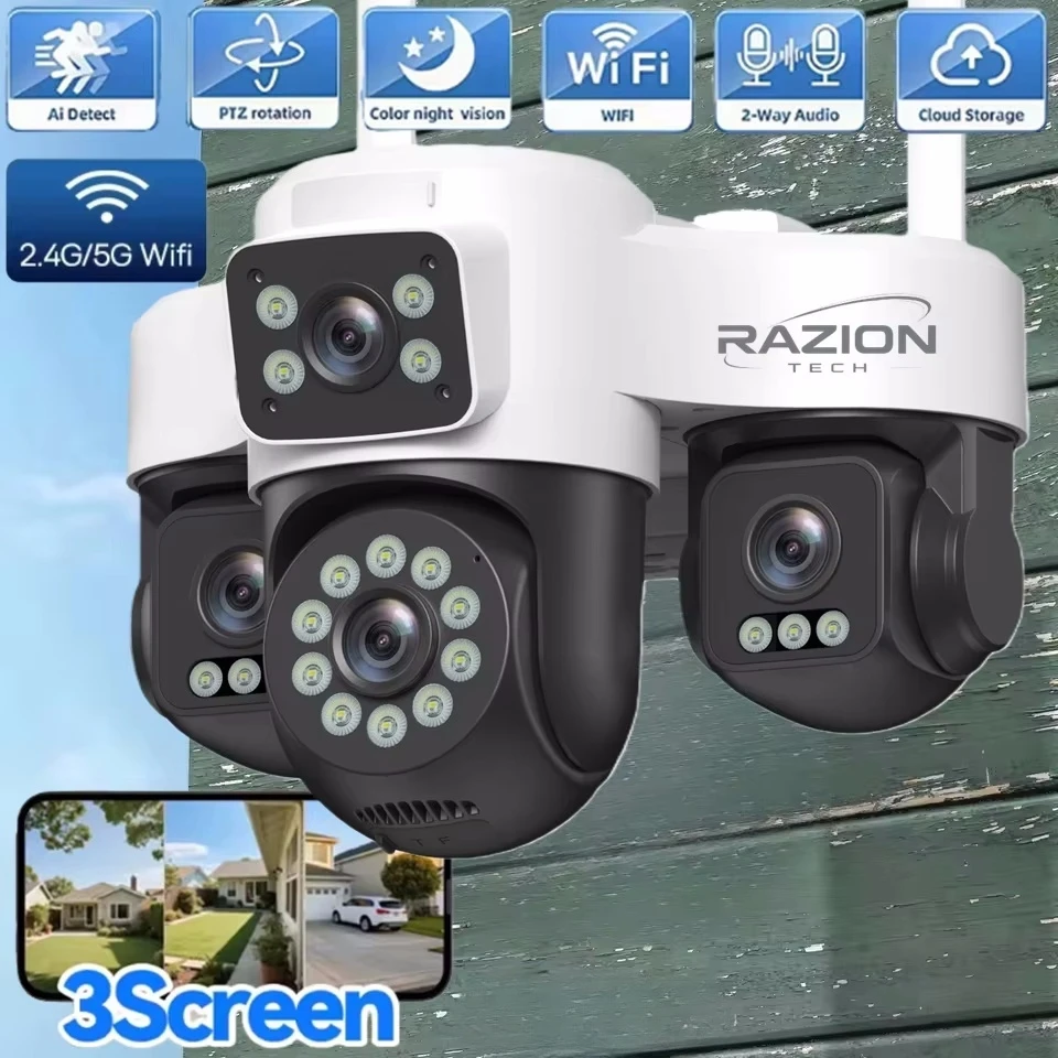 Drei-Linsen-PTZ-IP-Kamera für den Außenbereich, HD, drei Bildschirme, 2,4G & 5G WiFi, Sicherheitskamera mit automatischer Verfolgung, kabellose CCTV-Kamera RZ380, Zwei-Wege-Audio, Farb-Nachtsicht,