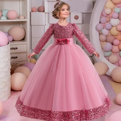 Teens Formal Evening Dresses For Girls Children Costume Long Sleeve Sequin Christmas Wedding Party Dress Kids Girl Princess Gown