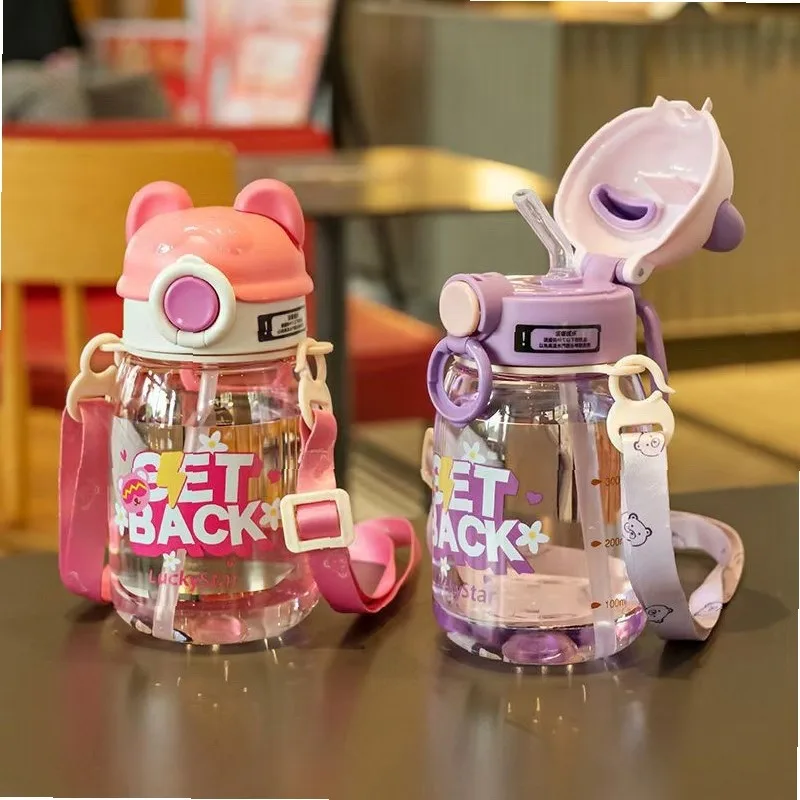 Cute Cartoon Kids Plastic Water Bottle with Straw, Kindergarten Baby Sipper Cup, Portable Leakproof Toddler outdoor Drinkware