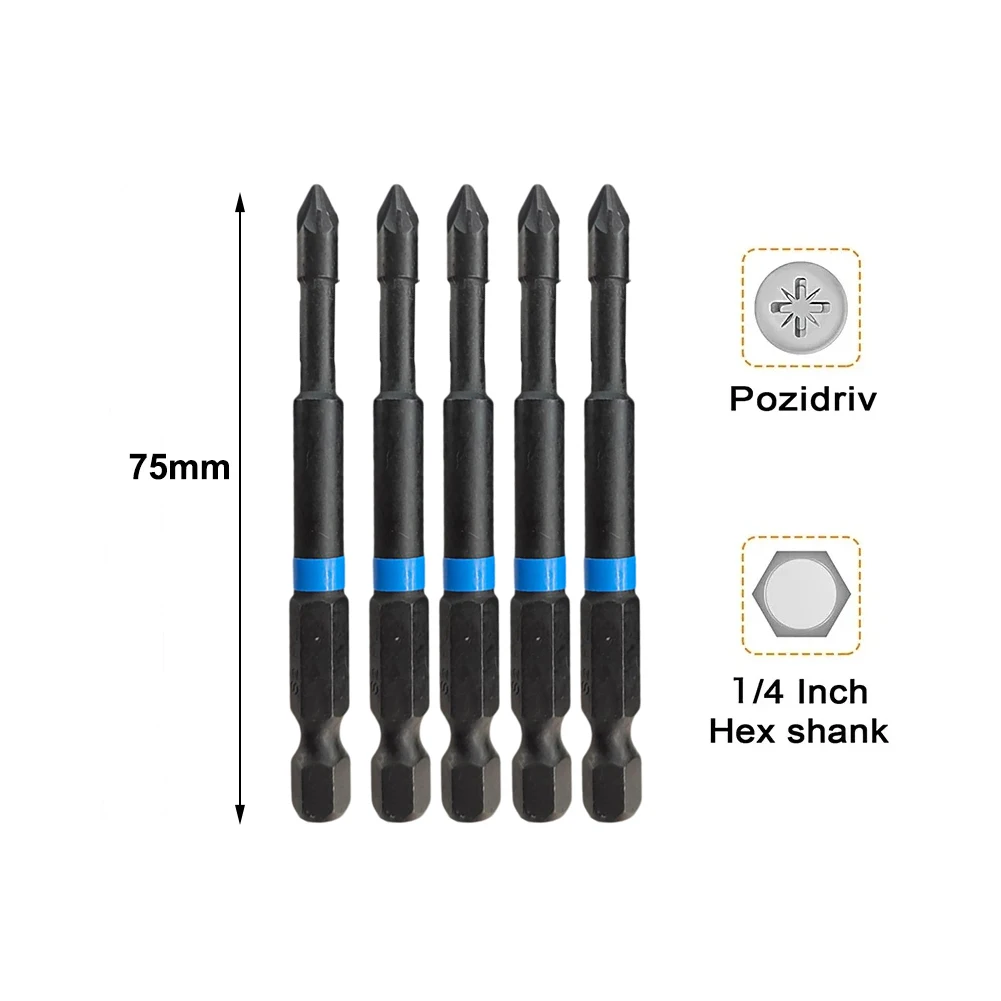 5pcs Screwdriver For PZ1 For PZ2 PZ3 Screwdriver Bits 75mm For Pozidriv Set 1/4 Inch Hex Shank Magnetic