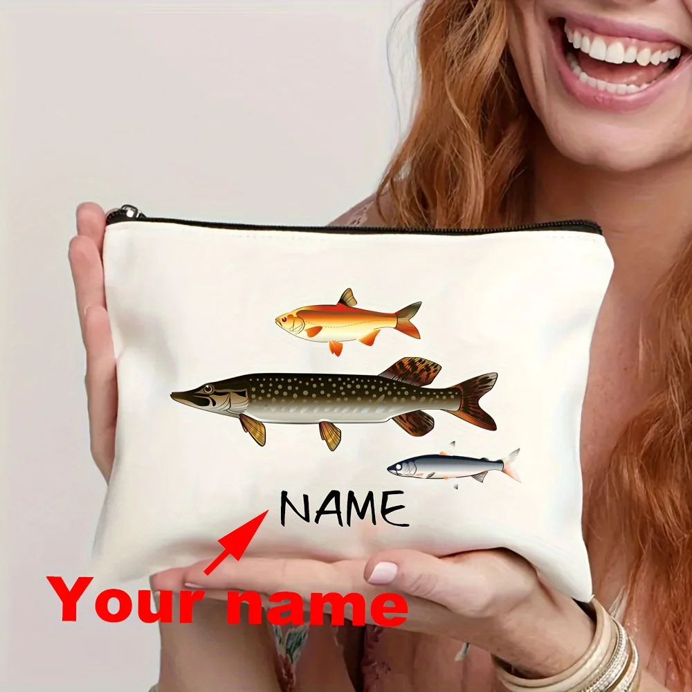 Personalized Custom Name Fish Print Large Capacity Zippered Pouch Travel Toiletry Bag Pen Case Gift Bags Multipurpose Storage