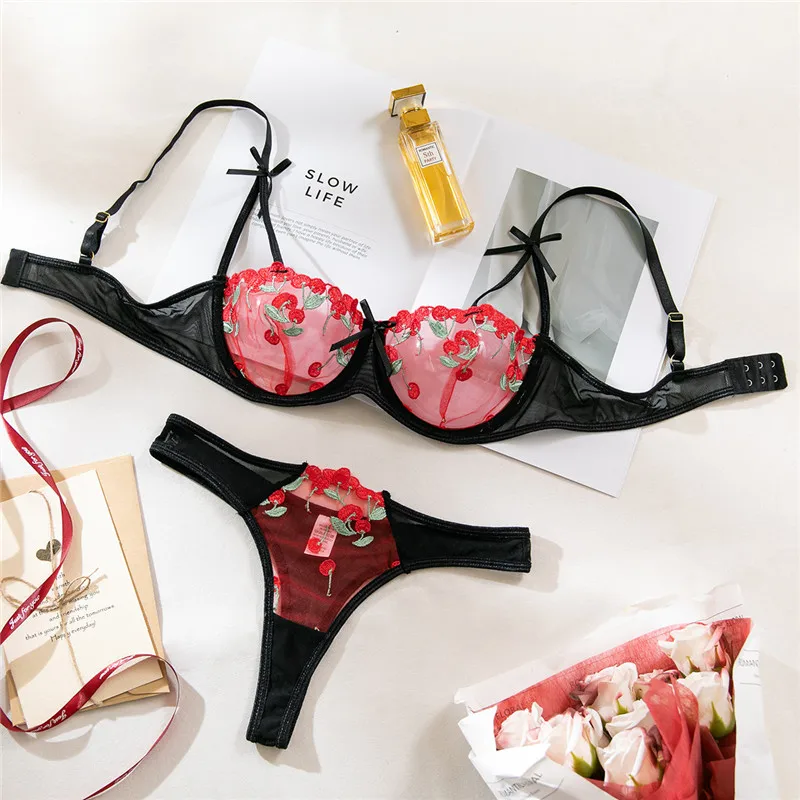 Set Lingerie Seksi Bra Pakaian Dalam Mulus Renda Ultra Tipis Bunga Bordir Tambal Sulam Set Singkat Set Eksotis Tembus Pandang Sensual