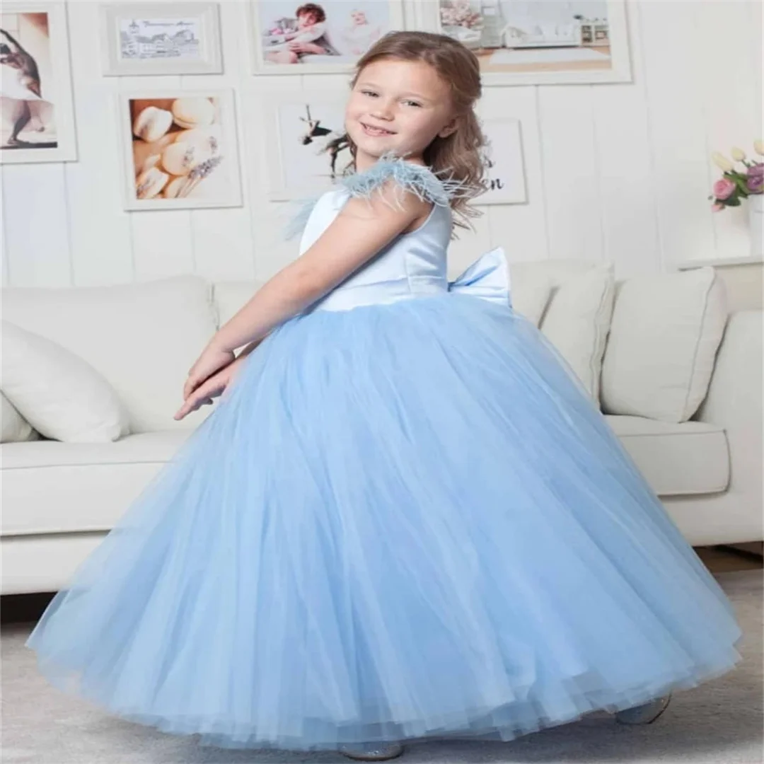

Customized Dusty Pink Flower Girl Dress Satin Tulle With Bow Feather Sleeve For Wedding Birthday Party Holy Communion Gown