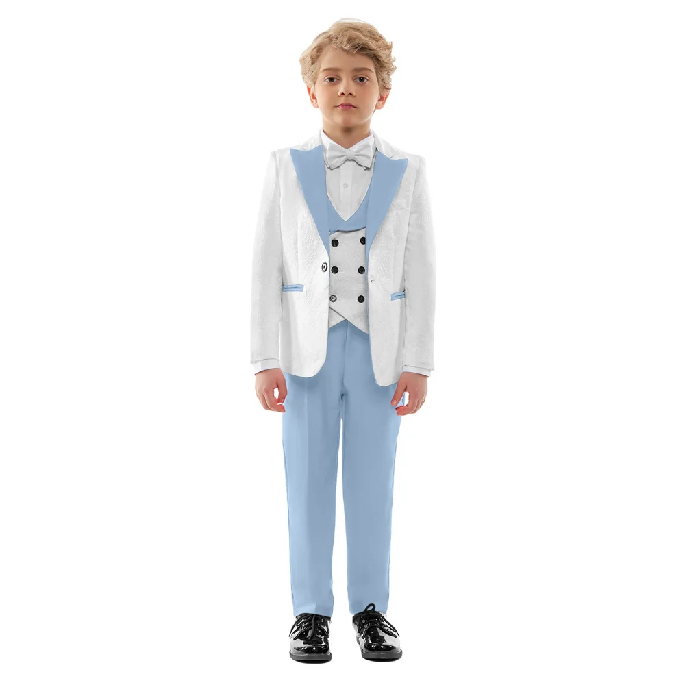 Hot Sale Classic 4PCS Suit For Boys Elegant Sky Blue Suit Set Smart Single Breasted Boy\'s Suit Blazer Vest And Pants For Party