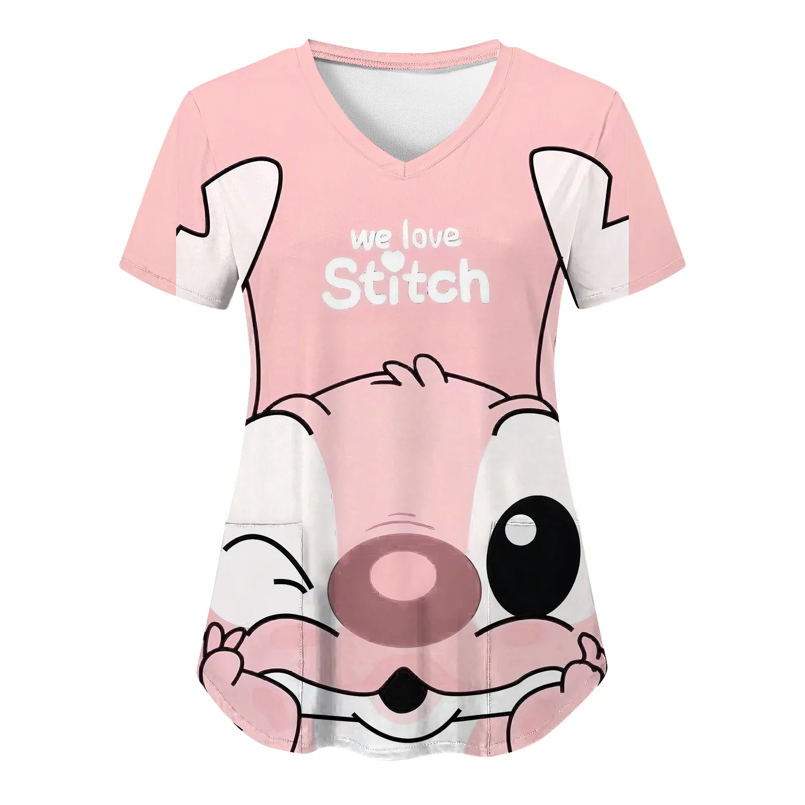 

Miniso T-shirt Summer Pocket Shirts V Neck Woman Clothes Hospital Tops Disney Top Women 2024 Nurse Uniform Stitch Tees Women's