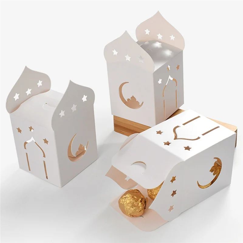 ABKI-50PCS Eid Mubarak Candy Boxes Hollow Star Moon Cookie Gift Packaging Box Ramadan Islamic Muslim Decoration Supplies Durable