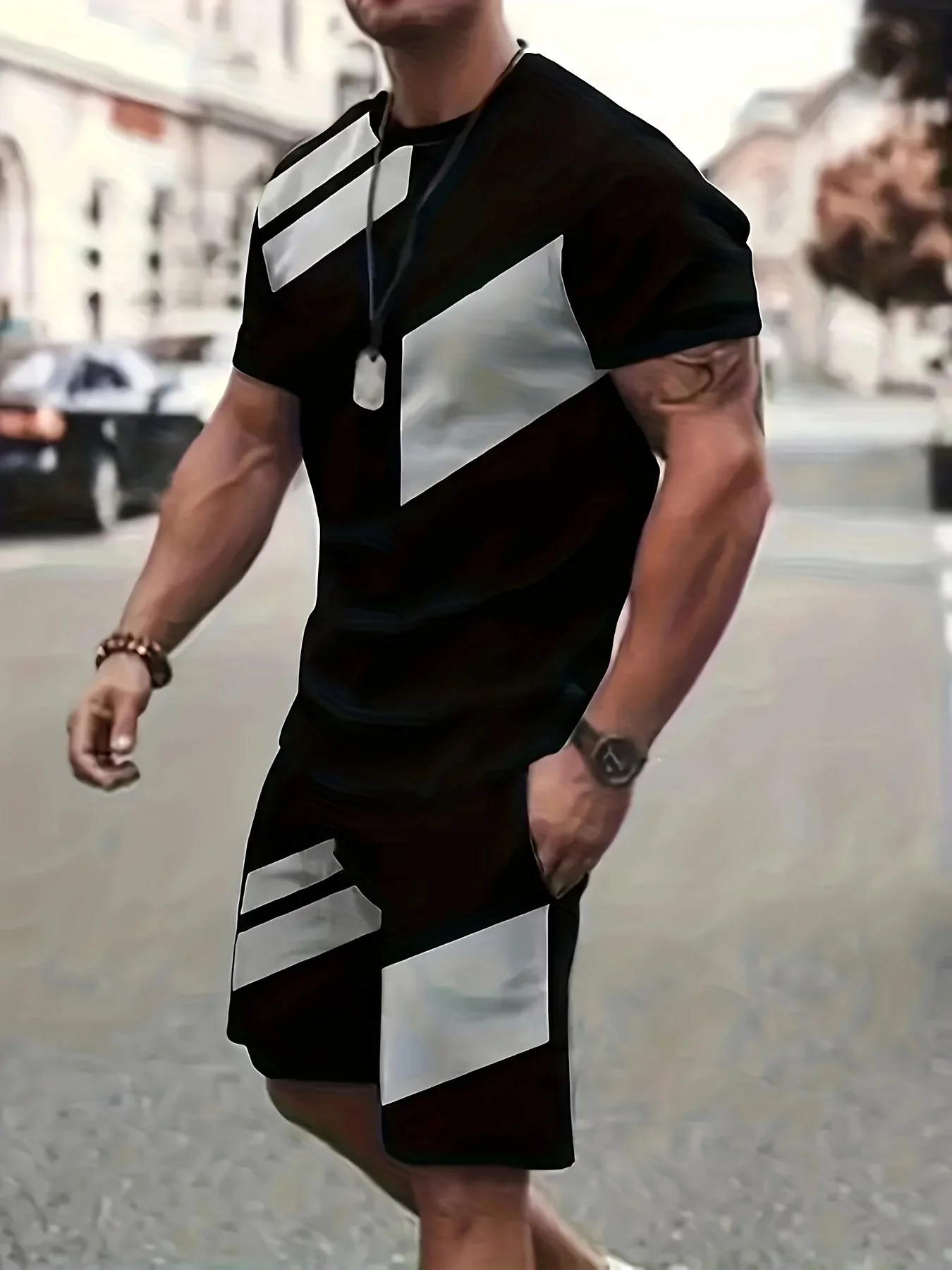 

Men's Two-Piece Color Block Summer Casual Suit, Men's Short-Sleeved T-Shirt and Pocket Shorts Suit