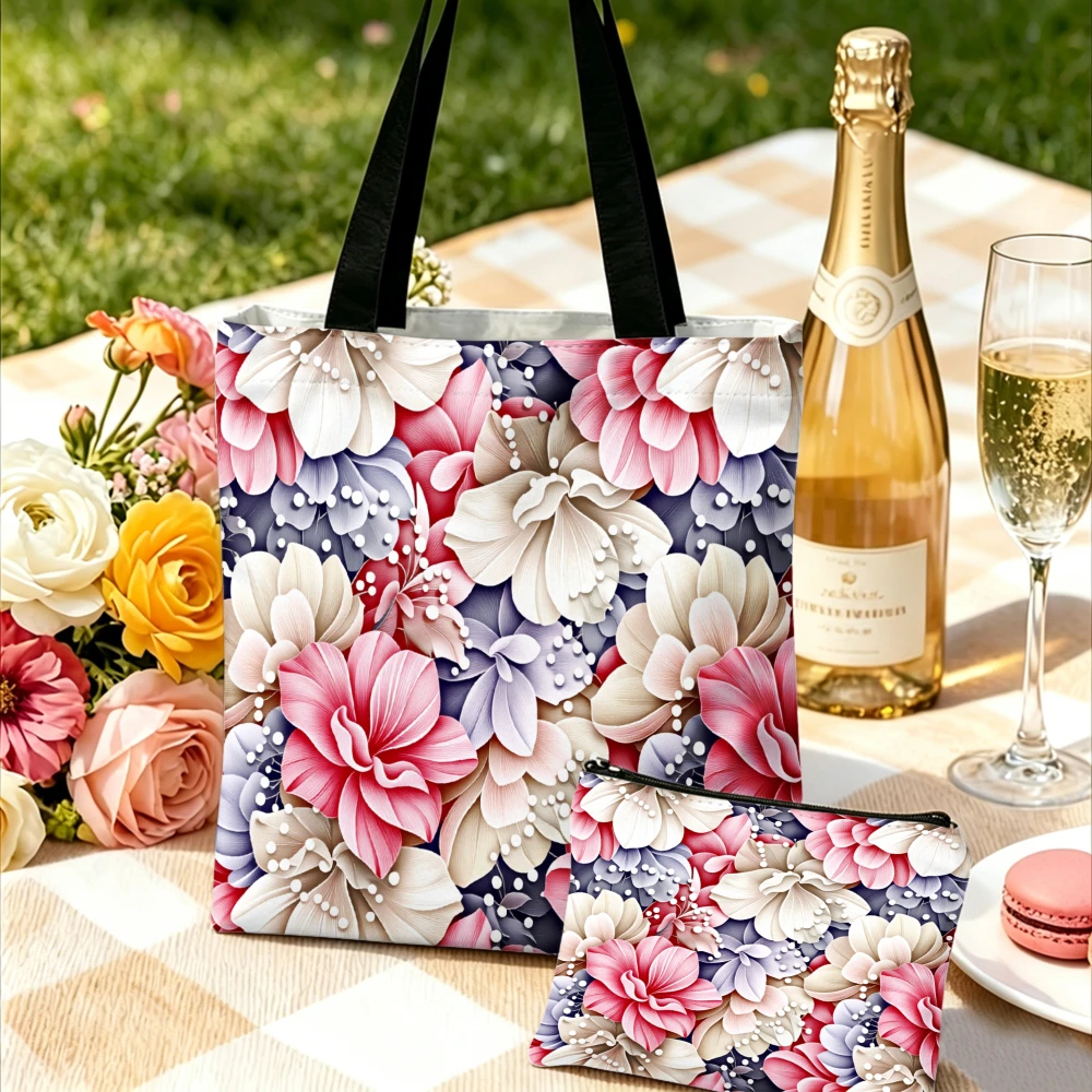 

Floral Pattern Tote Bag Pink And Cream Flowers Print Shoulder Bags And Cosmetic Bag Combination Everyday Carry Storage Pouch