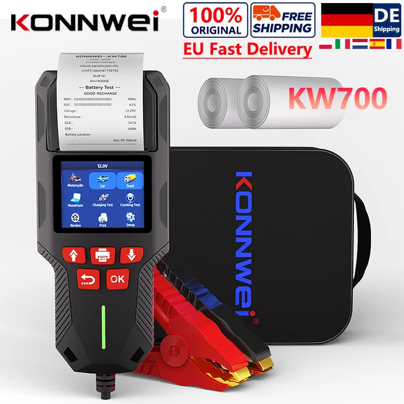 Tester akumulatorów samochodowych i ciężarowych 2026 KONNWEI KW700 12V/24V z wbudowaną funkcją druku, analizator akumulatorów, test rozruchu i ładowania, 10-2000CCA