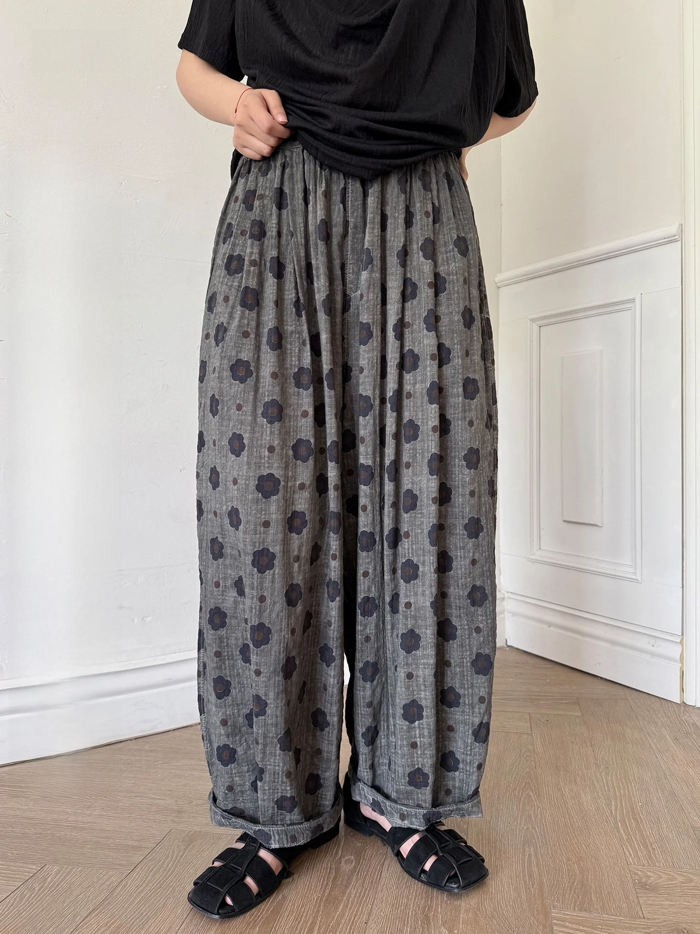 Original Washed Linen Wide Leg Pants Loose Fit Summer Casual Cotton Linen Blend Plant Floral Print Natural Waist Cuffed an Xia