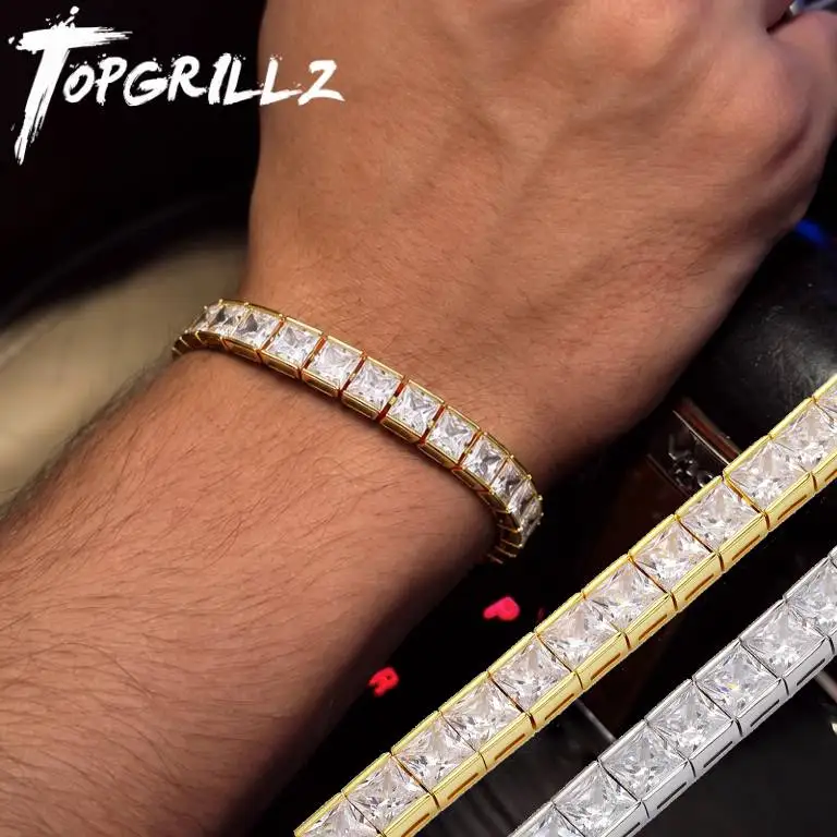 TOPGRILLZ 6mm Square CZ Tennis Bracelet Gold/Silver Plated Copper Iced Out Hip Hop Jewelry Shiny Gift For Men Women