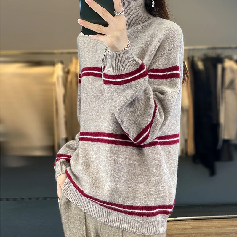 

New zippered half high neck solid color pullover for casual and comfortable Blouse women's autumn and winter tops