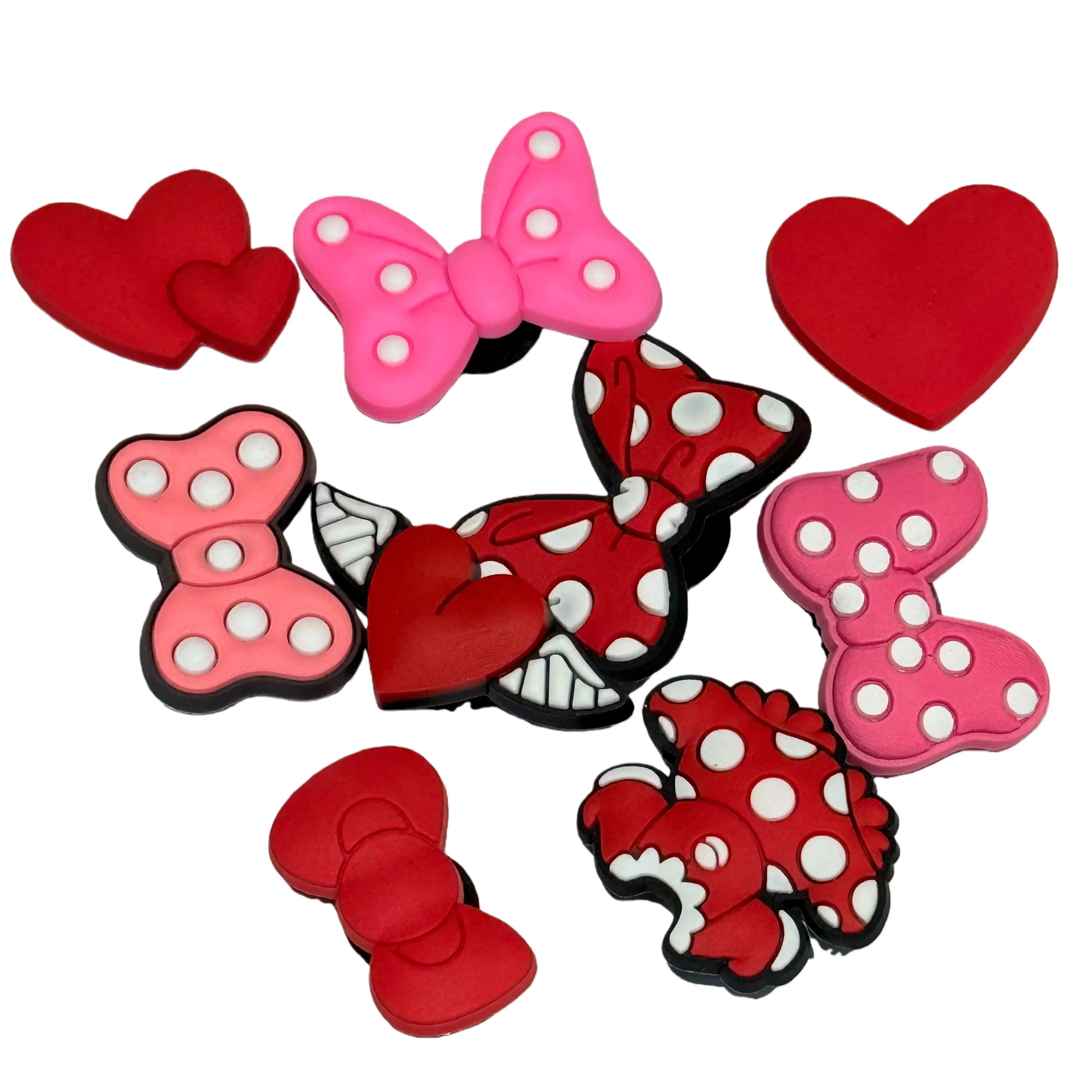 

9-100PCS Cartoon Red Dress Bow Heart PVC Sandals Garden Shoe Charms Decorations DIY Bracelets Slipper Accessories Party Gift