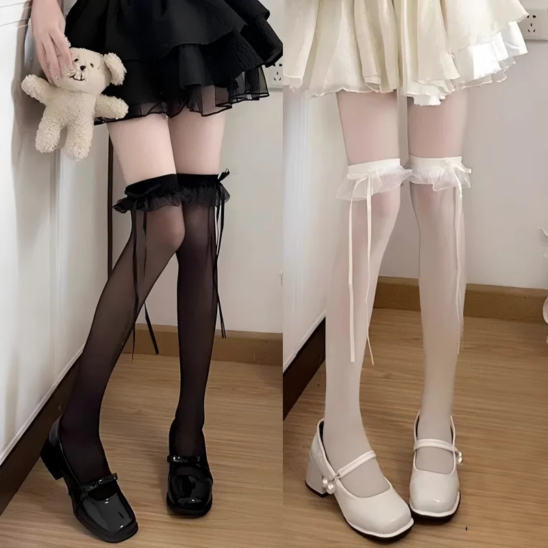 1 Pair Lace Lace Socks Long Tube Socks Bow Over Knee Silk Socks Lolita Calf Socks Loop Pure Desire Silk Stockings