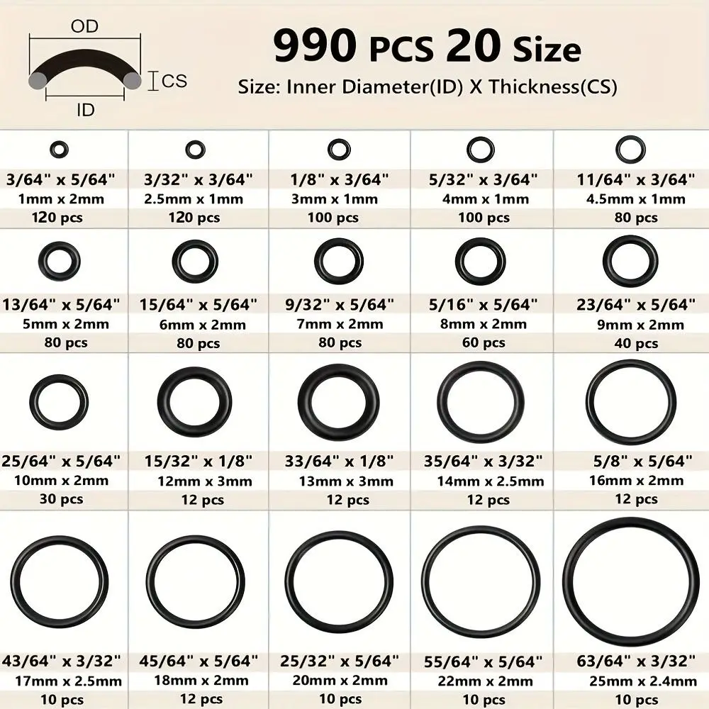 

990pcs Kit Air Conditioning O Ring Kit Maintenance Durable Seal Rubber O-Rings High-pressure Nitrile Rubber