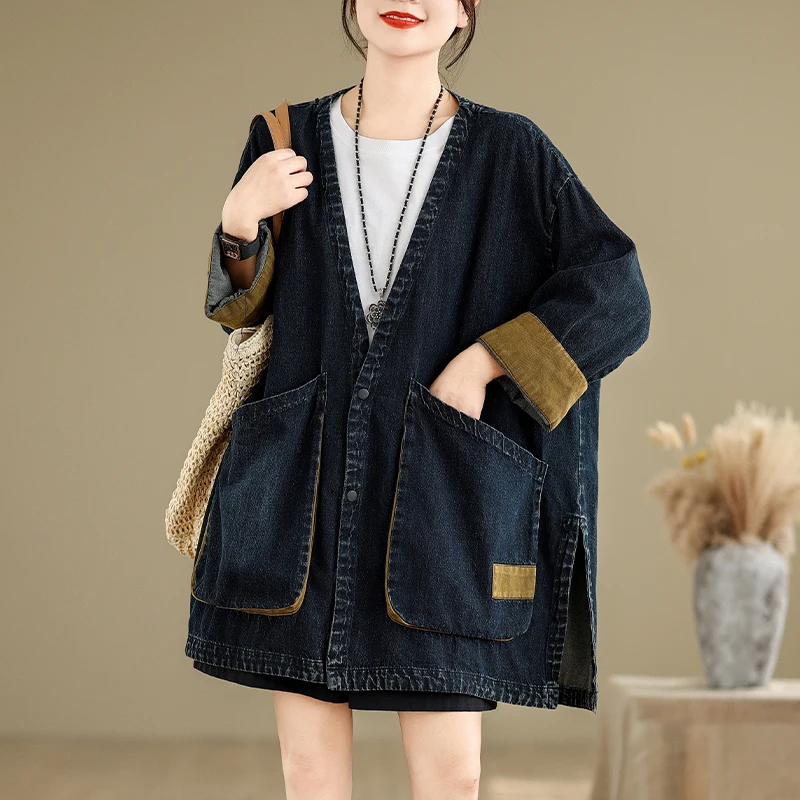 

SuperAen 2026 Autumn New Office Lady Retro V-neck Wide-pocket Denim Jacket for Women Casual and Loose Mid-length Trench Coats