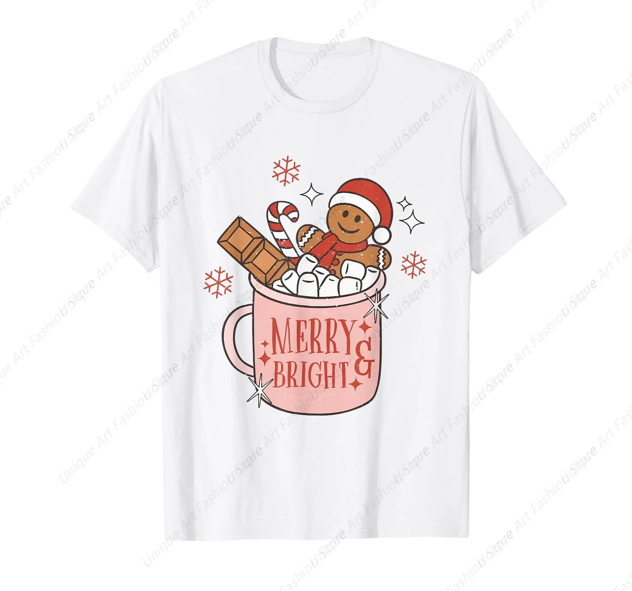 

Merry and Bright Gingerbread Hat Santa Hot Cocoa Christmas T-Shirt Harajuku Hip-Hop Streetwear Creative Graphic Tshirts Summer