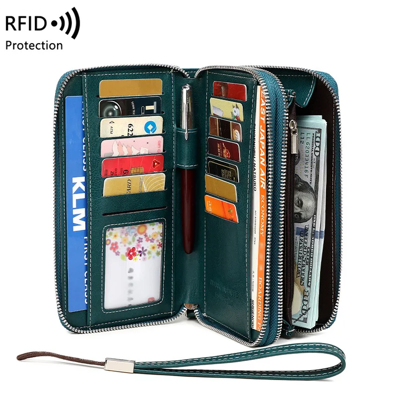 

Western RFID Blocking Multifunction Double Zipper PU Leather Women Wallet Large Capacity Detachable Strap Purse for Ladies