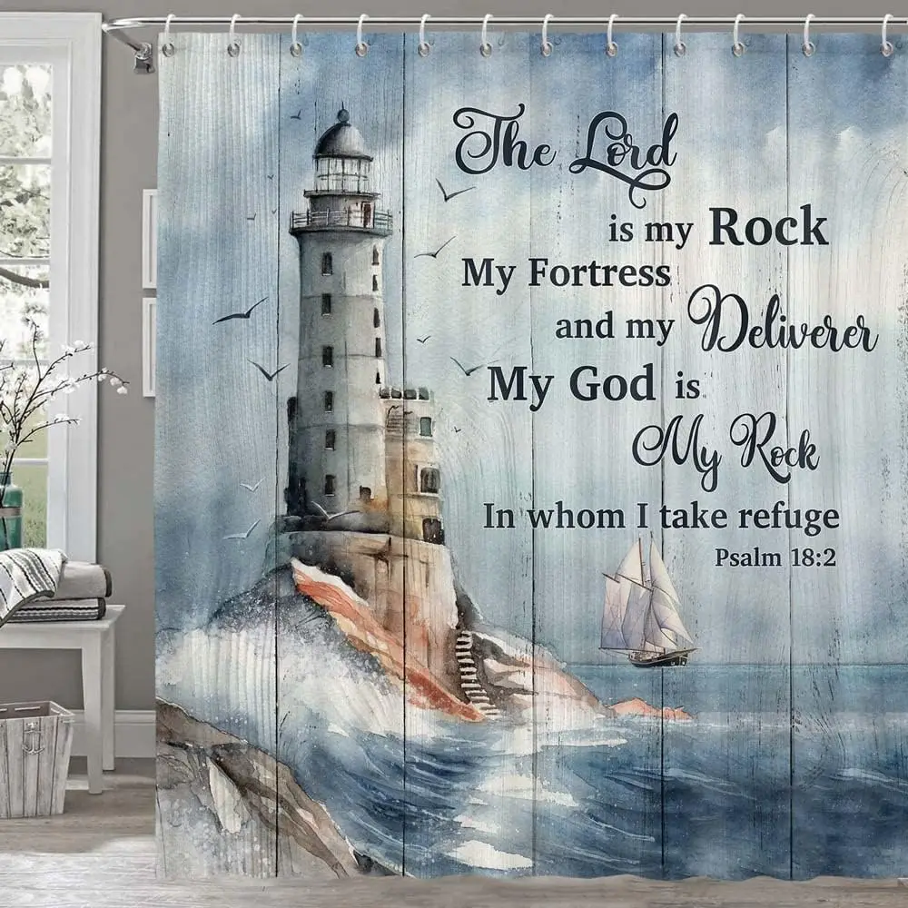 Waterproof Scripture Shower Curtain Nautical Lighthouse Design Coastal Bathroom Decor Polyester Shower Curtain for Home Use