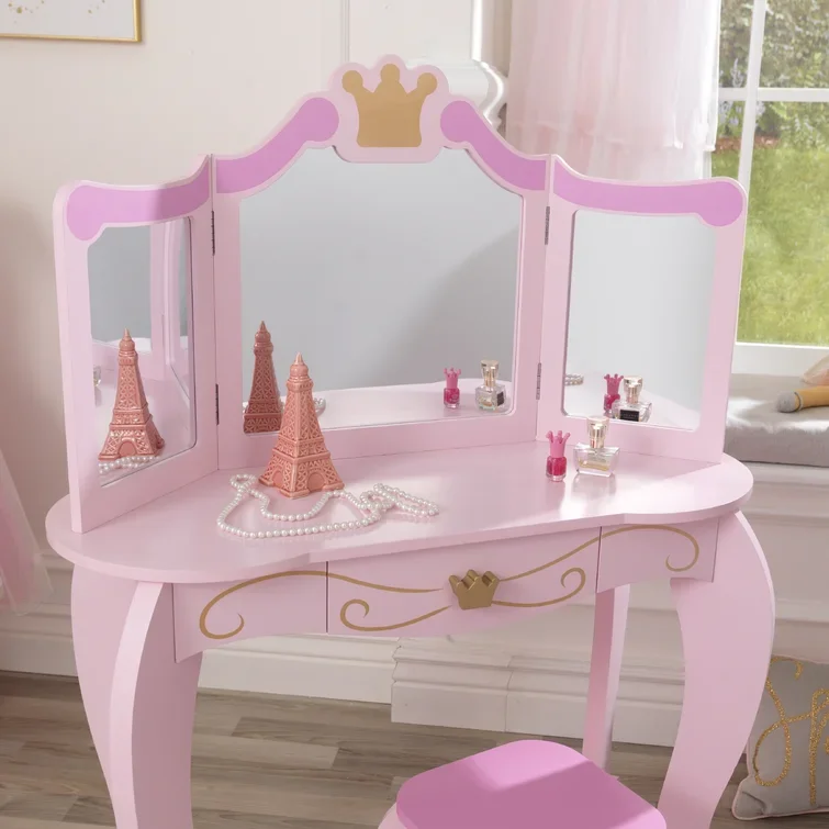 Ready to Ship Pink Kid Image Girl's Home Furniture Wooden Stool Mirror Dresser Desk Set Room Girls Bedroom Dressing Tablepromote