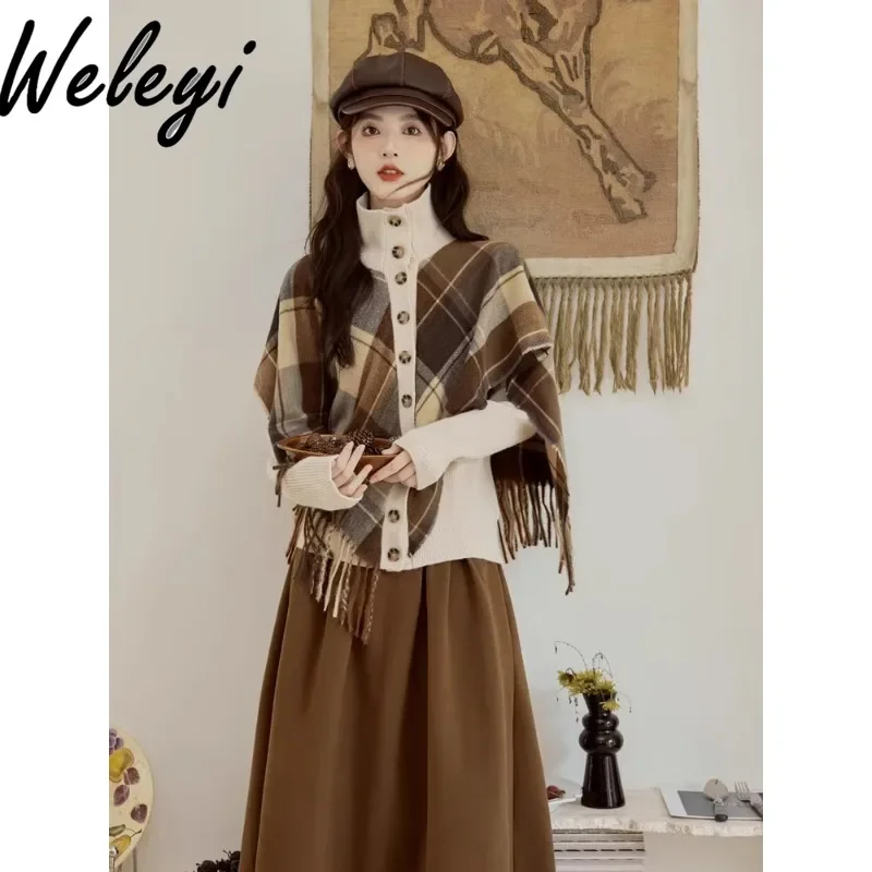 Beautiful Autumn Skirts Set Female Unique 2024 New High-end Women Fringed Sweater Shawl Mid-length Skirts Female Two-piece Set