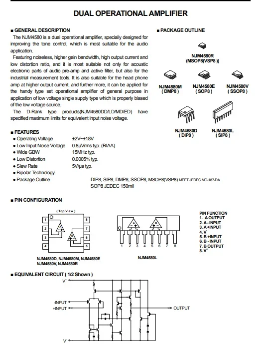 100 pièces NJM4580D NJM4580DD JRC4580 NJM4580 DIP8 JRC ORIGINAL