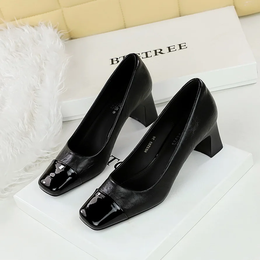 

Women Pumps Shoes Style Women's Thick Mid Heel Shallow Mouth Splicing Square Toe Fashionable Banquets New Single туфли женские