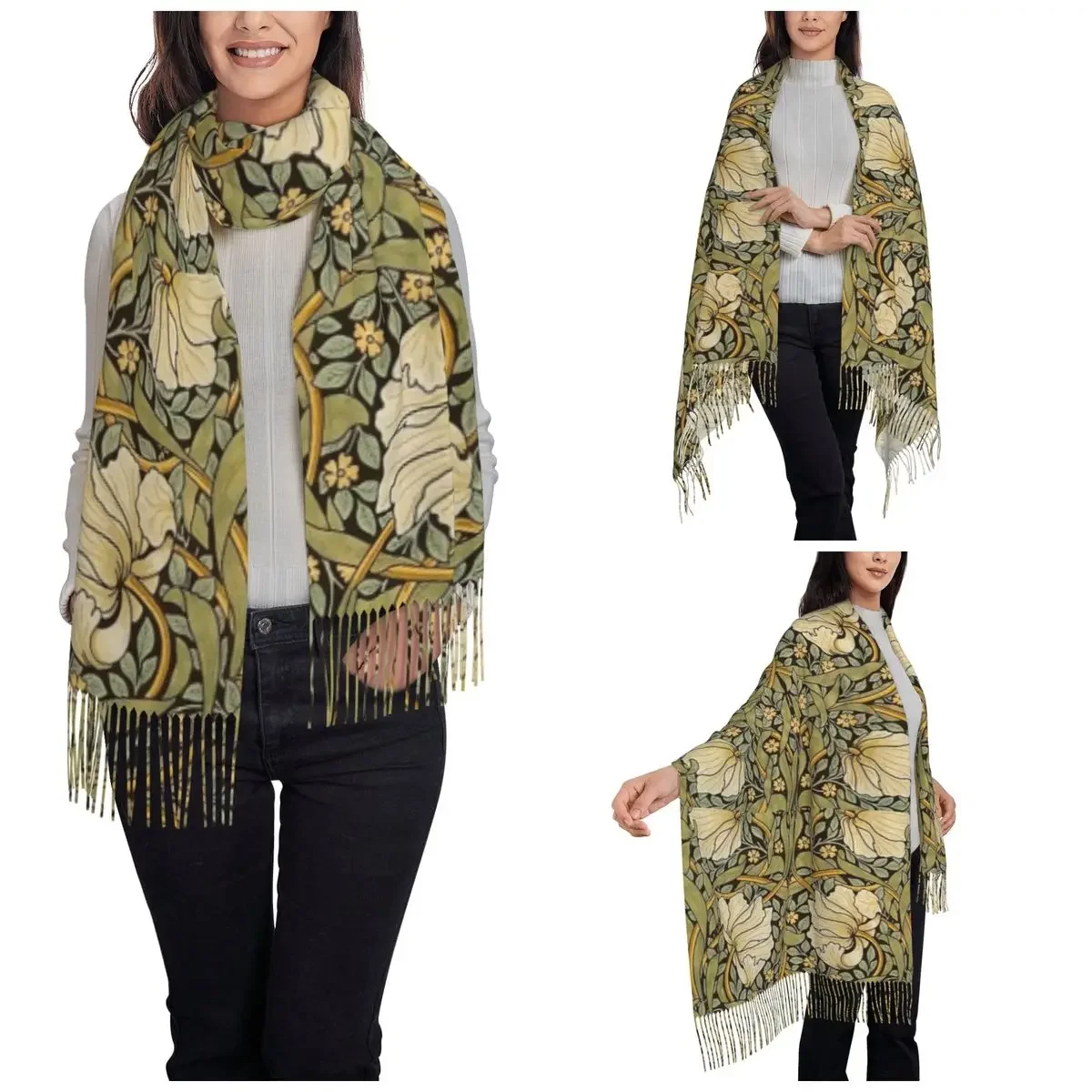 William Morris Pimpernel Scarf Winter Fall Pashmina Shawls and Wrap Bohemian Long Large Scarves with Tassel for Evening Dress