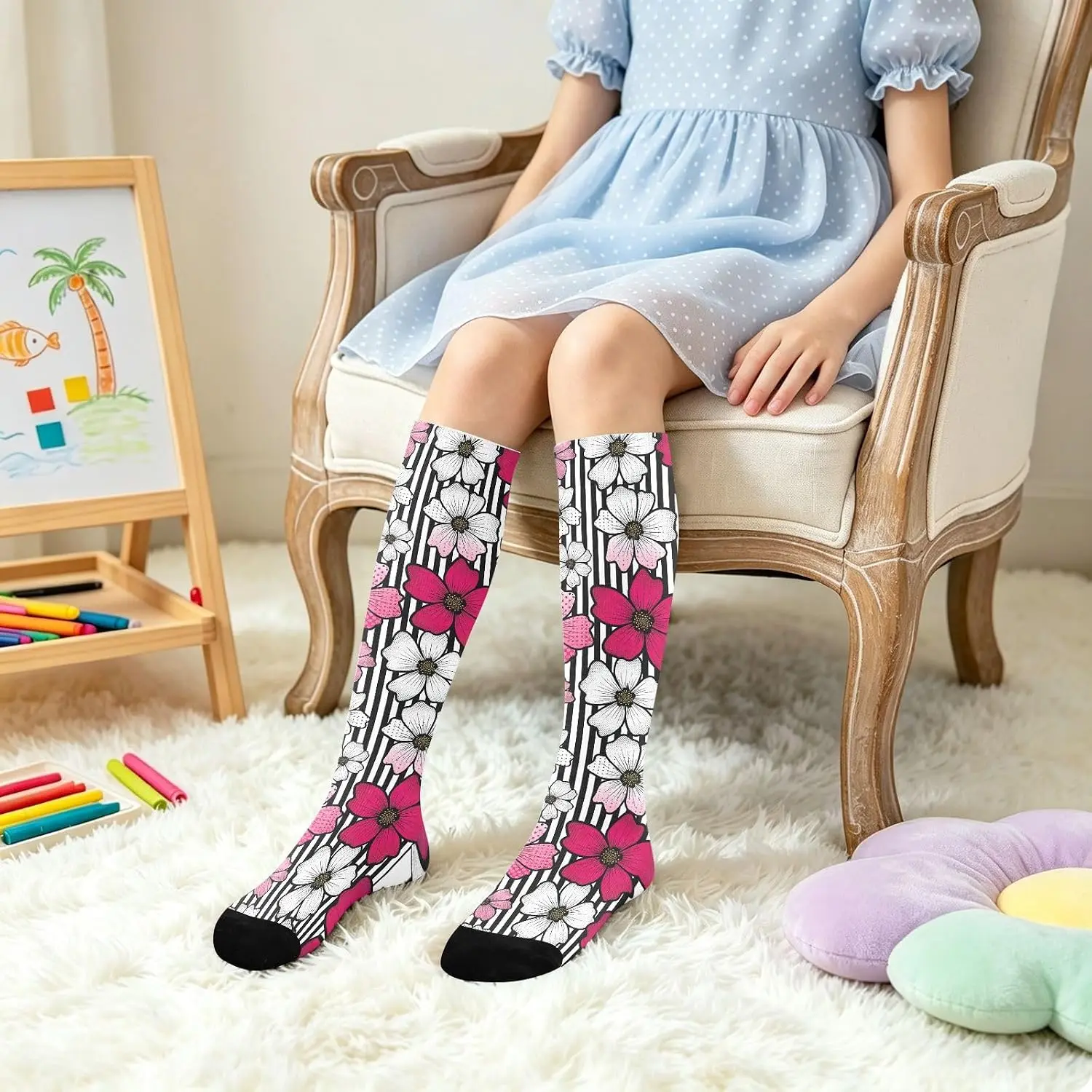 Floral Striped Print Knee High Socks for Men Women Soft Stretchy Comfortable Novelty Casual Long Socks Cute Flower Pattern Socks