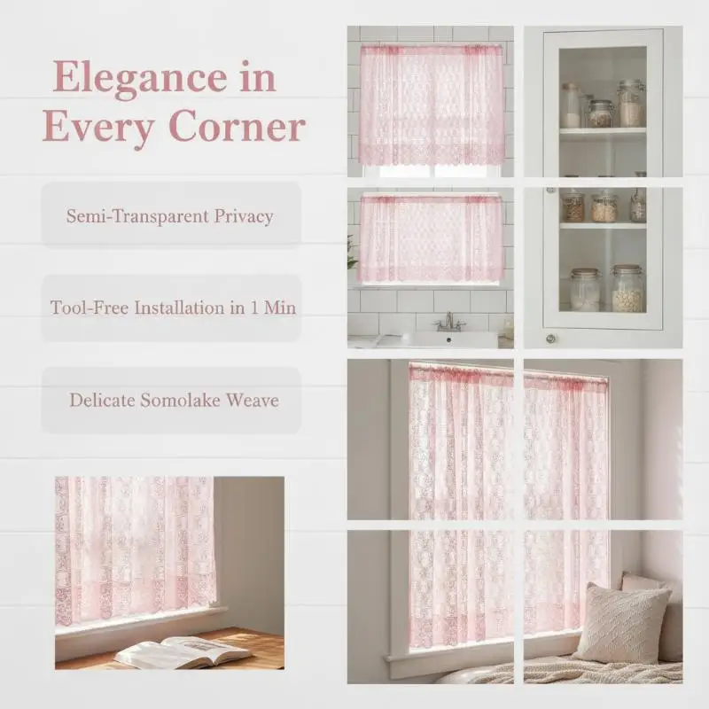 Fruit Garden Print Half Cut Lace Curtains White Perforated Easy to Hang Short Drapes for Kitchen Cabinet Home Coffee Shop