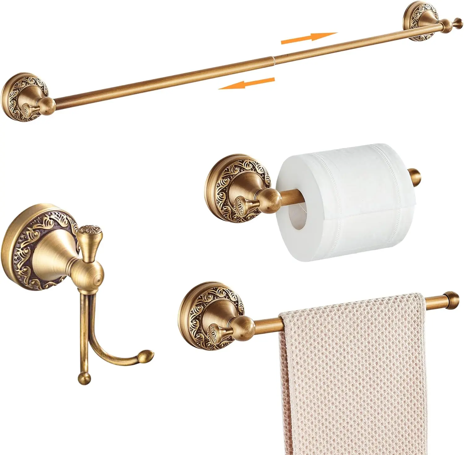 

Antique Bronze Bathroom Set with Adjustable Towel Rack, Toilet Paper Holder, and Hooks - Carved Patterns