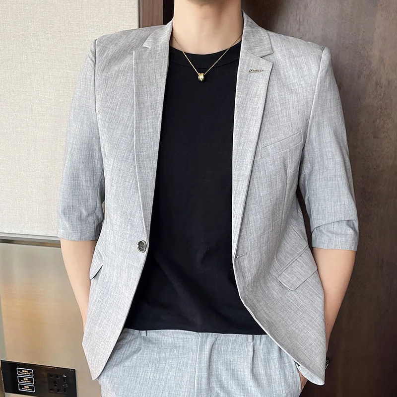 

Men's Spring Summer High Quality Thin Slim Fit Solid Color Suit Set Business Casual Two-Piece Blazer & Pants