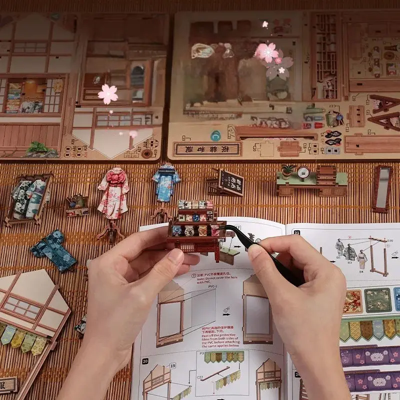Japanischer 3D DIY Miniatur-Bausatz - Sakura Kimono Szene Montage-Spielzeug, Handgefertigtes Holz-Puppenhaus Kreative Bausteine