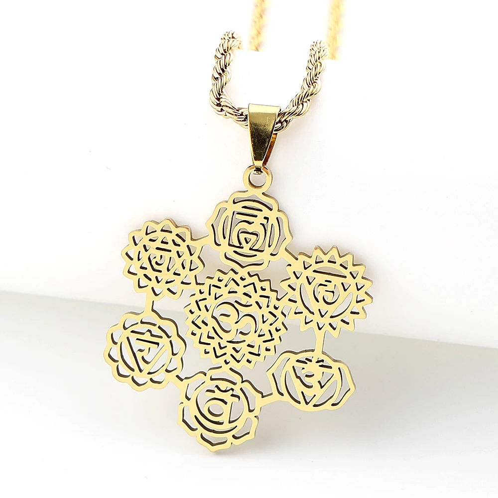 Yoga 7 Chakra Flower Om Aum Symbol Pendant Necklace for Women Men Stainless Steel Gold Color Hindu Reiki Healing Amulet Jewelry